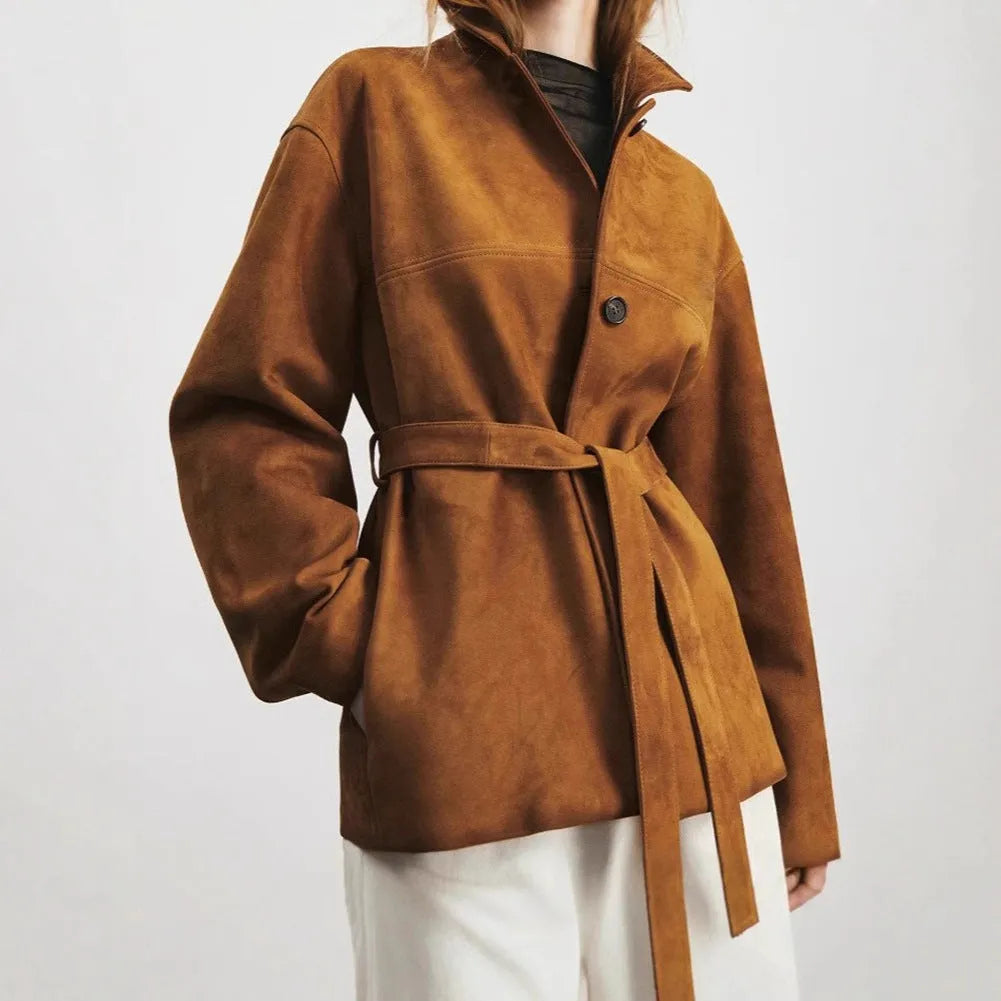 Yellow brown cashmere coat with Peter Pan collar and leather stitching details, belt at waist