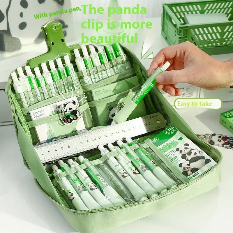 Green canvas pencil case with panda design featuring 12 storage layers for stationery organisation