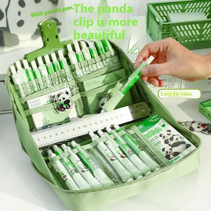 Green canvas pencil case with panda design featuring 12 storage layers for stationery organisation