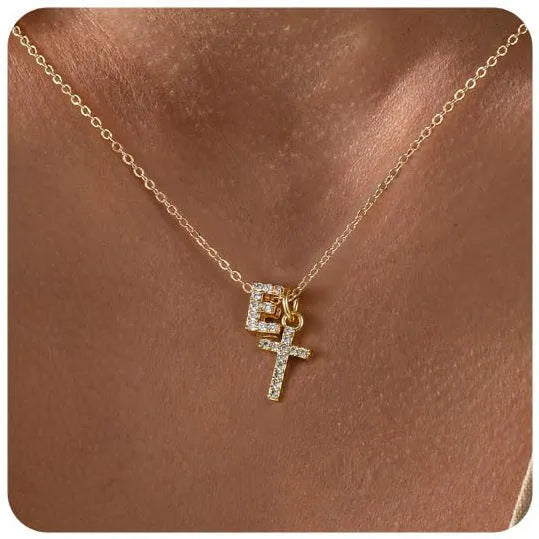 A-Z zircon inlaid letter necklace on a copper regular chain with electroplated finish