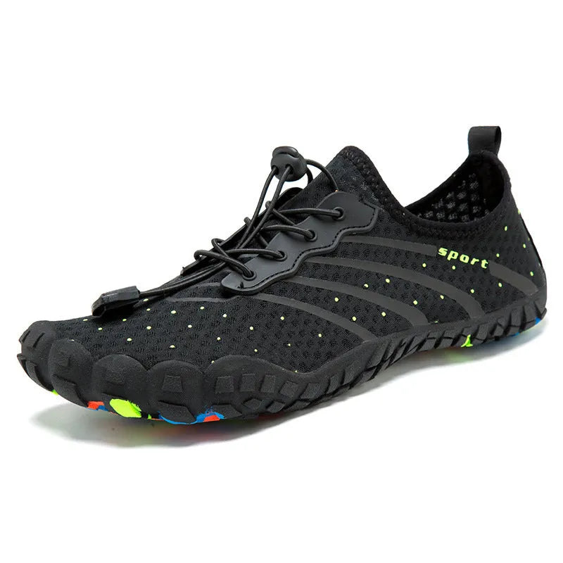 Fast drainage outdoor fitness shoes in army green colour with mesh upper and rubber sole