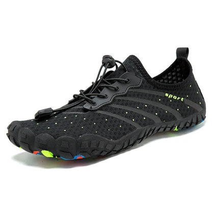 Fast drainage outdoor fitness shoes in army green colour with mesh upper and rubber sole