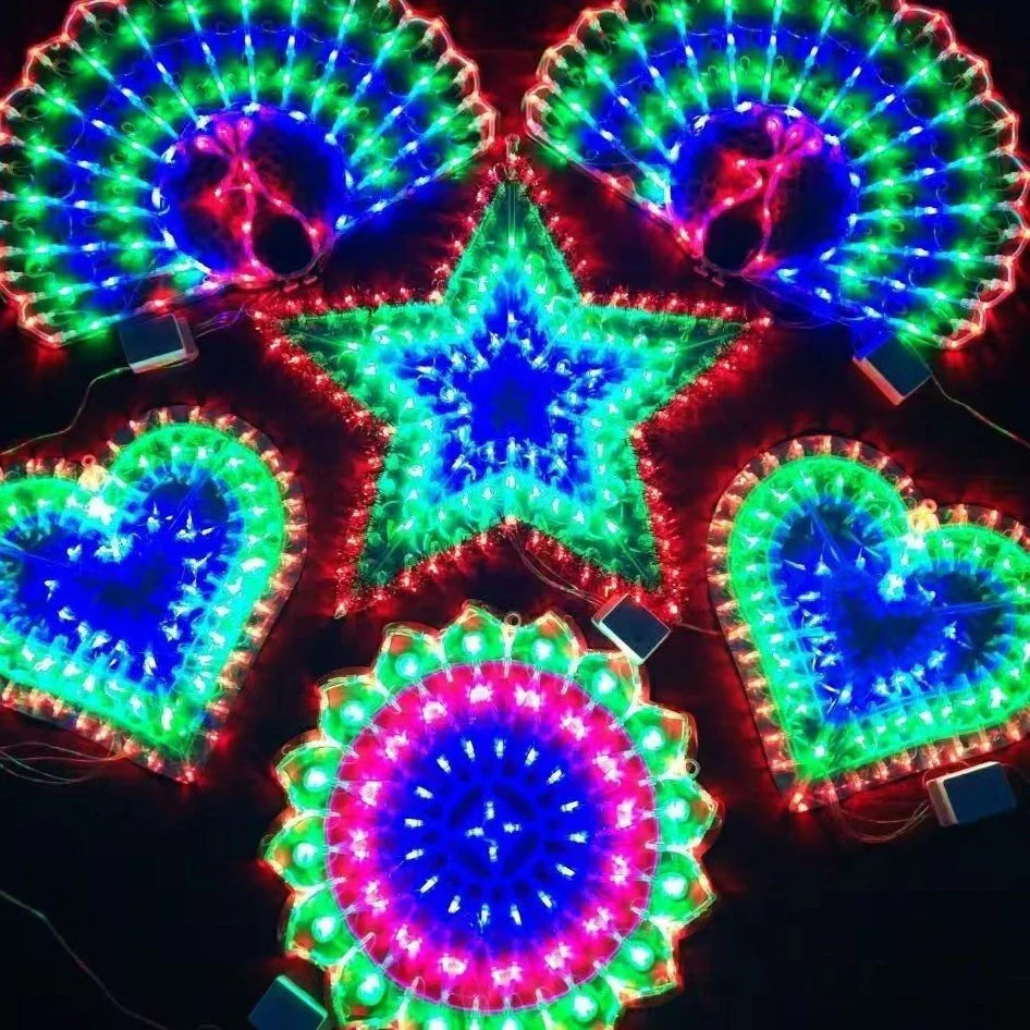 Christmas Festival outdoor string lights with peacock, love, sunflower, and star decorative elements