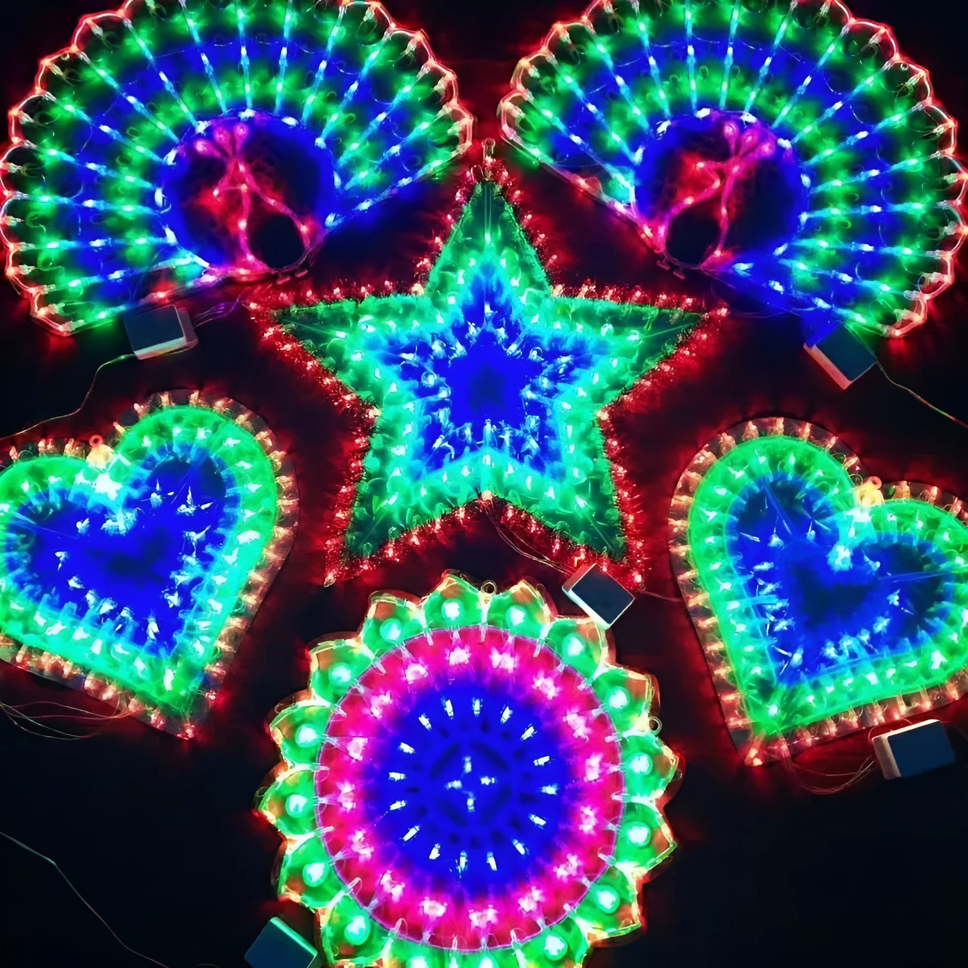 Outdoor Christmas string lights with decorative peacock, love heart and star lamps for garden holiday decoration