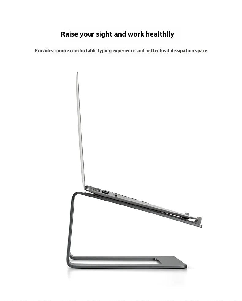 Black aluminium alloy laptop stand raising a laptop for ergonomic desktop use