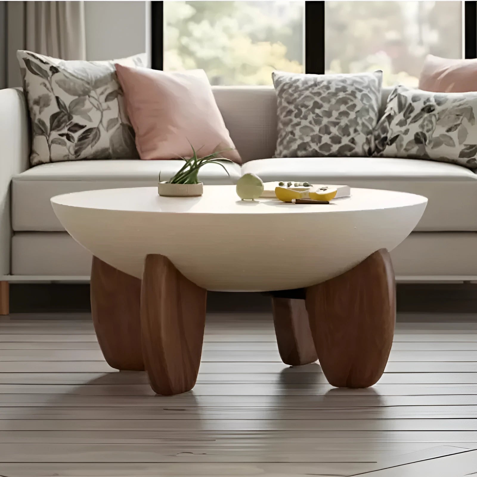 White solid wood coffee table with adjustable height and side storage compartment in living room setting