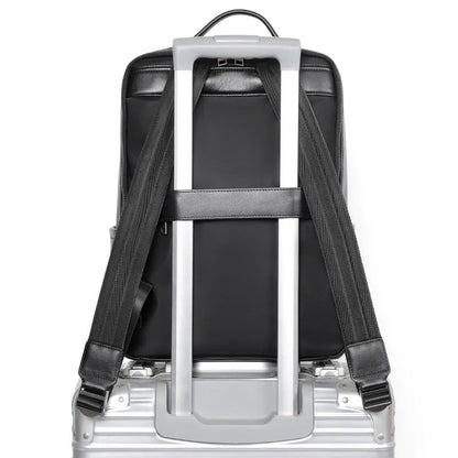 Men's genuine cowhide leather computer backpack in black with 36-55 litre capacity