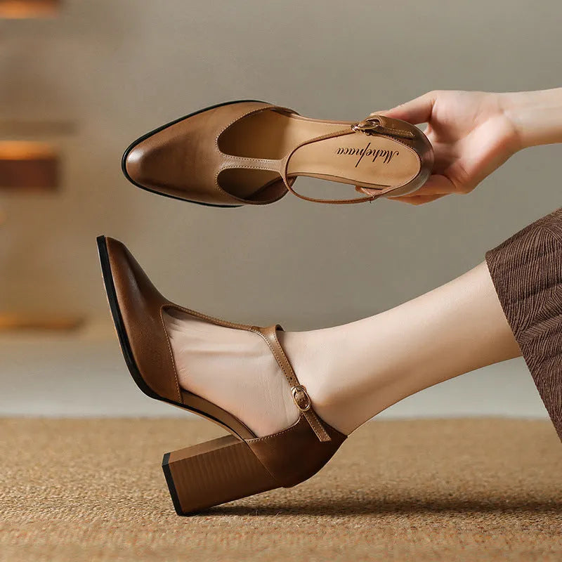 Retro pointed toe Mary Jane women's shoes with a buckle, in pink and dark brown cowhide.