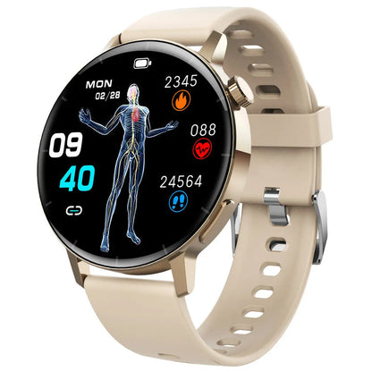 F67S blood glucose smart watch with leather strap showing health monitoring display