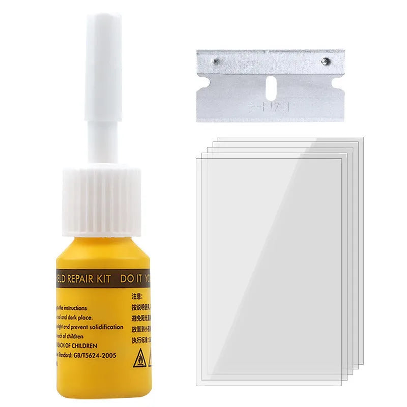 Yellow three-piece car windscreen repair agent tool set with UV glass repair liquid
