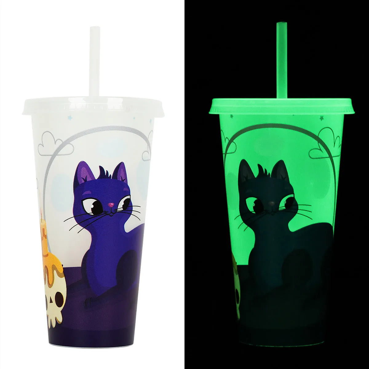 720ml plastic sippy cup with luminous straw showing cylindrical shape and Halloween colours