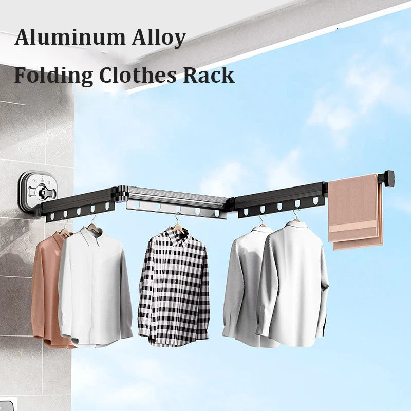 Aluminum retractable drying rack mounted on a window, extending outward for clothes drying