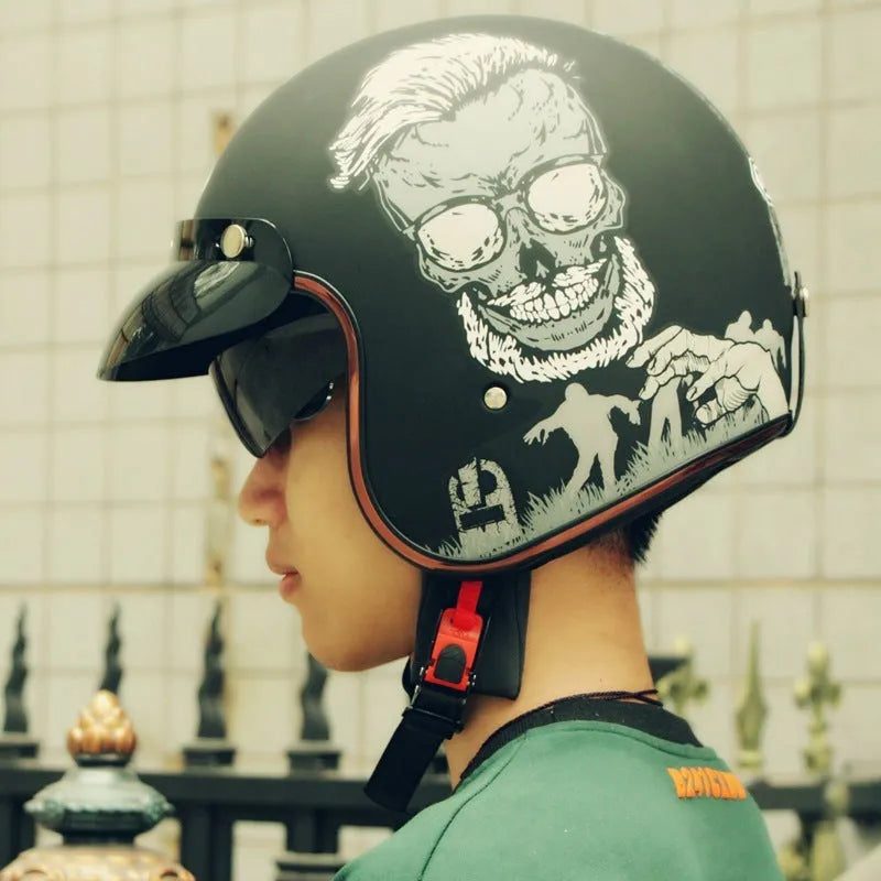 Retro-style motorcycle half helmet in ABS construction showing colour options and size range from S to XXL