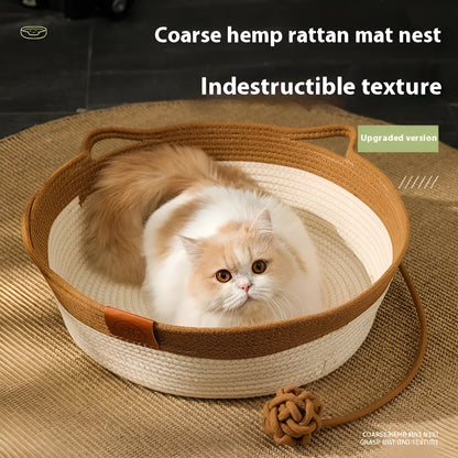 Cotton woven cat nest mat with stitching texture in grey, brown or green colours