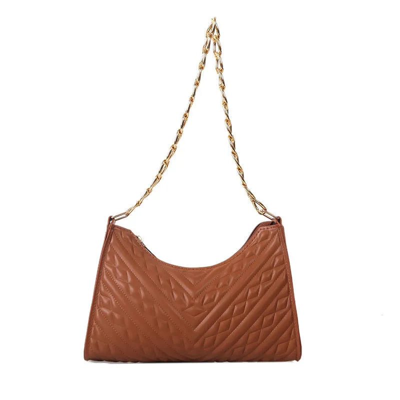 Brown pleated chain baguette shoulder underarm bag with adjustable strap and soft carry handle