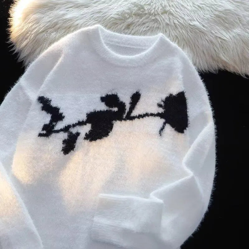 Men's black pullover sweater with flocking horse graphic on chest, long sleeves