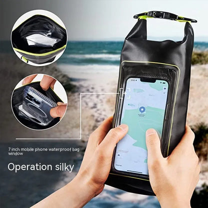 Army green PVC waterproof crossbody bag for mobile phones on a beach.