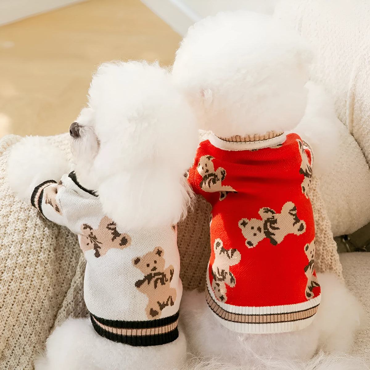 Bear pattern dog sweater in beige or red, lightweight polyester pullover for small dogs and cats, sizes XS to XL