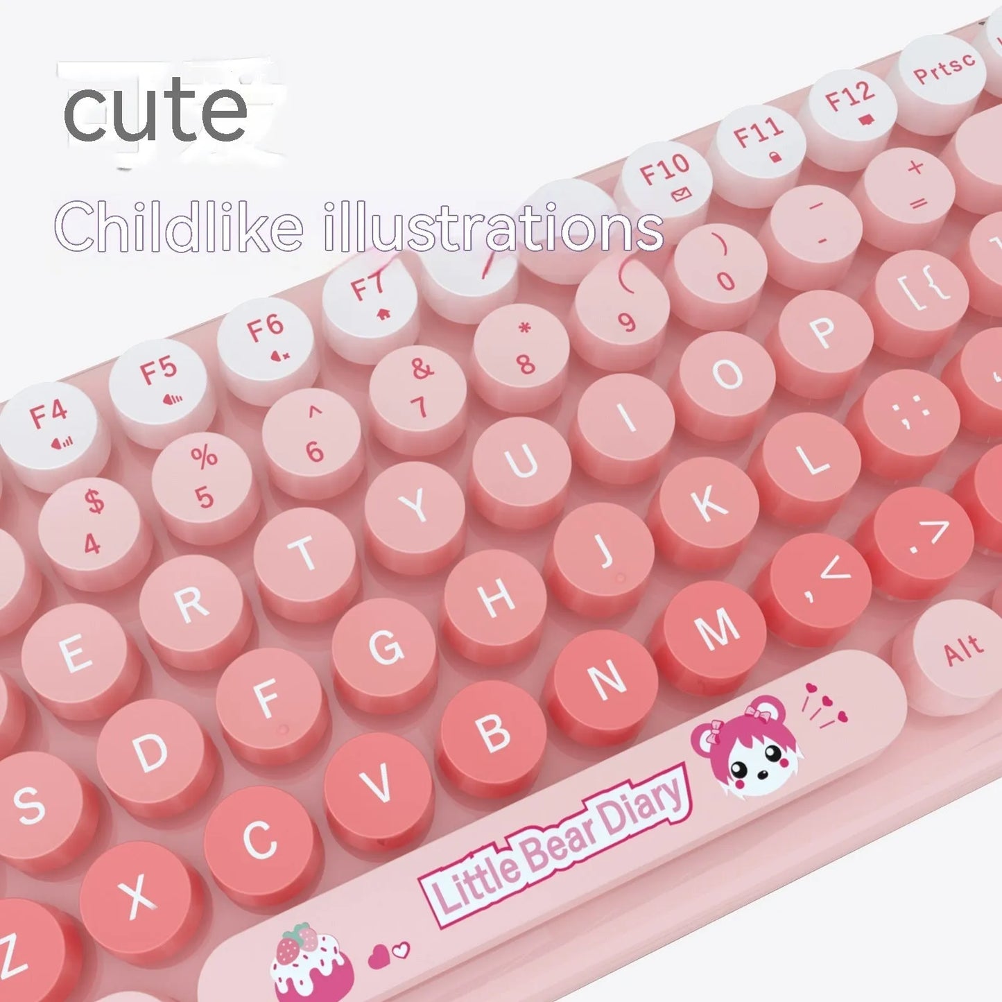 Pink mini wireless keyboard and mouse set with cute cartoon design on desk