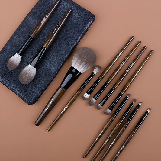 12-piece makeup brush set with wooden handles in PU travel case including powder foundation brush