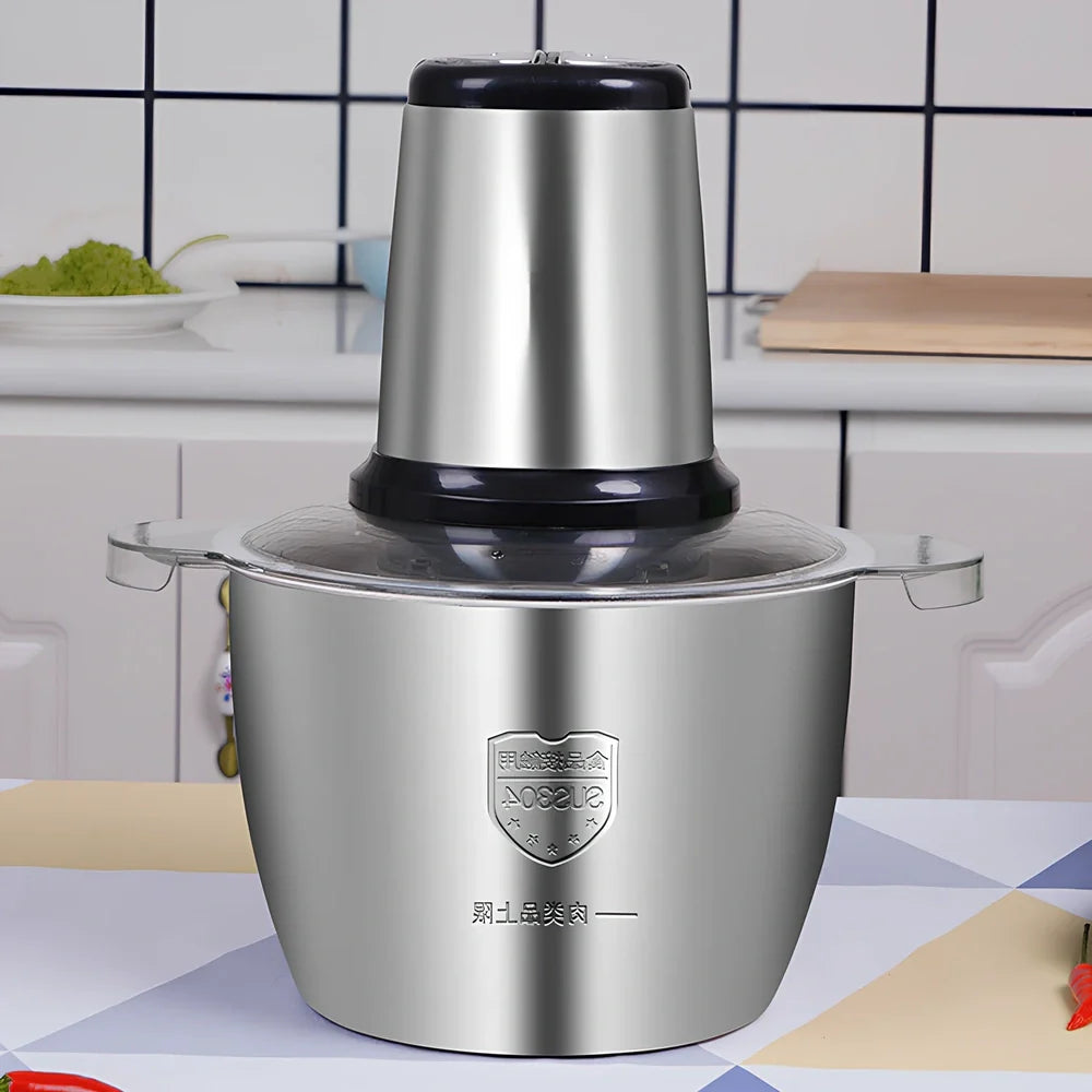 Stainless steel electric meat grinder with 2-litre capacity and 188mm by 265mm dimensions