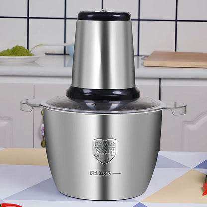Stainless steel electric meat grinder with 2-litre capacity and 188mm by 265mm dimensions
