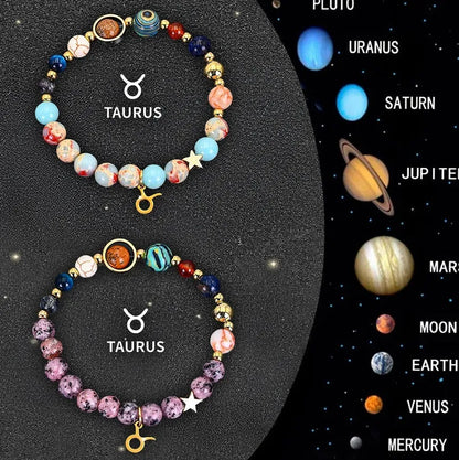 Twelve Zodiac Sign natural stone beaded bracelets with adjustable 20-24cm length showing distinct astrological designs