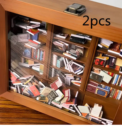 Wooden antique finish bookshelf ornament with 200 small books, 25.4 cm tall for decompression