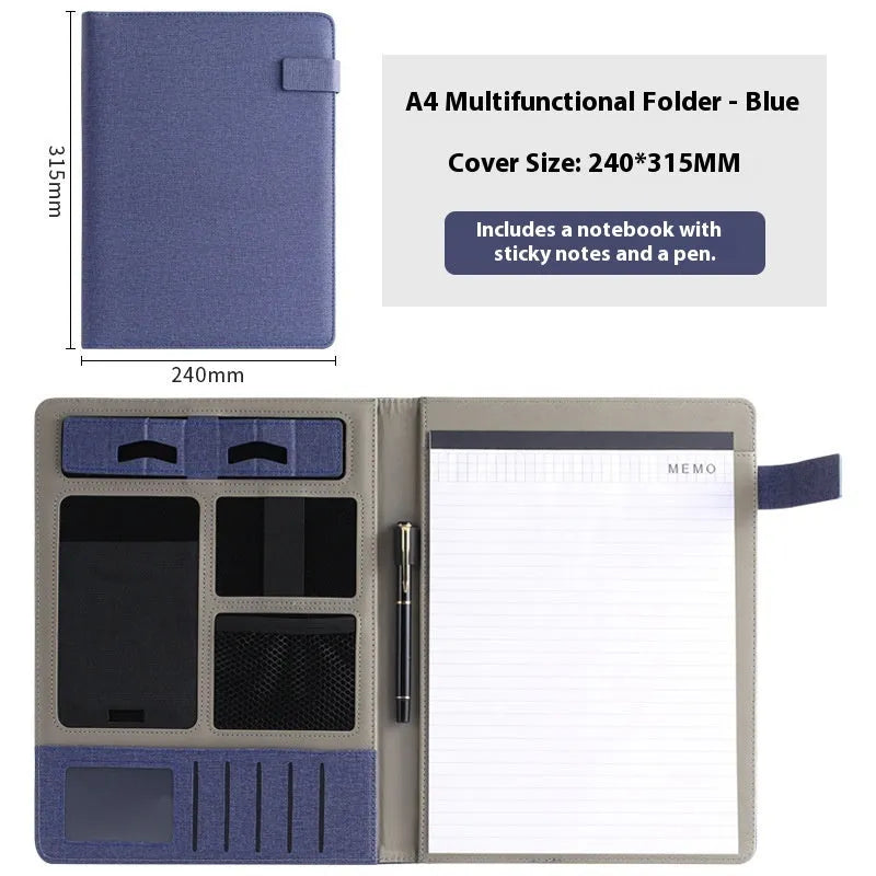 Leather A4 business folder showing 35mm thickness and 325x250mm dimensions with optional pen and notepad accessories