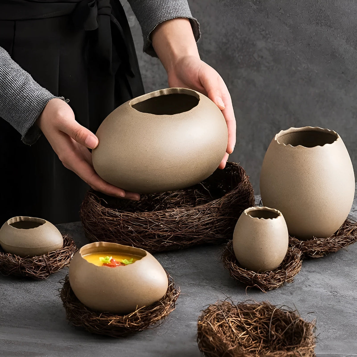 Oval porcelain egg shell bowl with underglaze finish, shown in large medium or small size and horizontal or vertical style.