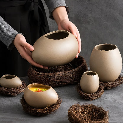 Oval porcelain egg shell bowl with underglaze finish, shown in large medium or small size and horizontal or vertical style.