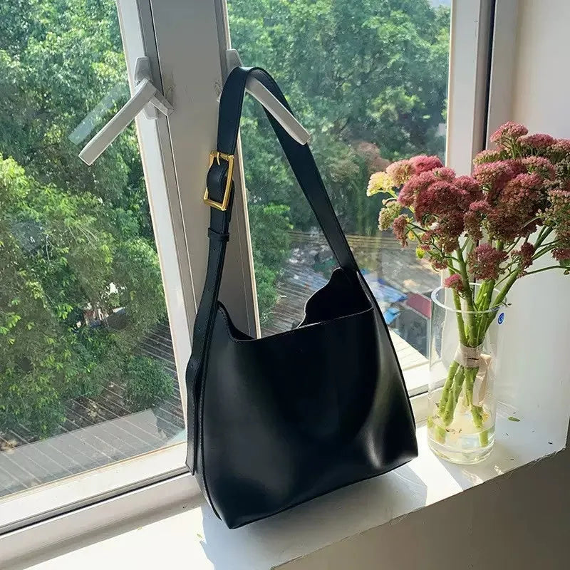 Black and brown soft PU leather women's shoulder bags with decorative swing threads
