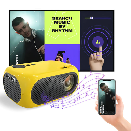 M24 gold and white portable mini LED projector with remote on a wooden table.