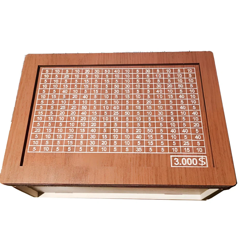 Wooden piggy bank with coin counter and side opening mechanism measuring 20cm