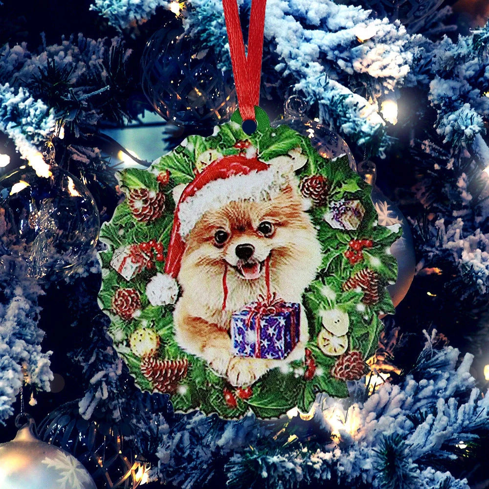 Hand-painted wooden Christmas ornament with geometric design and picture color