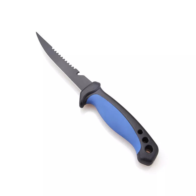 Stainless steel fishing knife with blue handle and protective cover