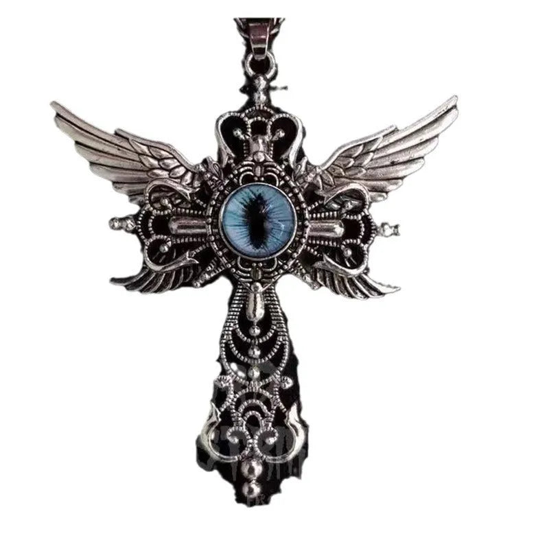 Geometric devil wings cross pendant necklace in alloy with blue, green, purple, red, and yellow colour options