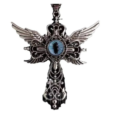 Geometric devil wings cross pendant necklace in alloy with blue, green, purple, red, and yellow colour options