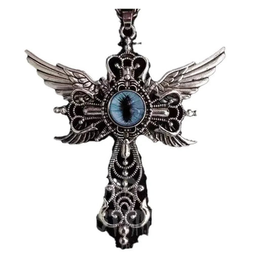 Geometric devil wings cross pendant necklace in alloy with blue, green, purple, red, and yellow colour options
