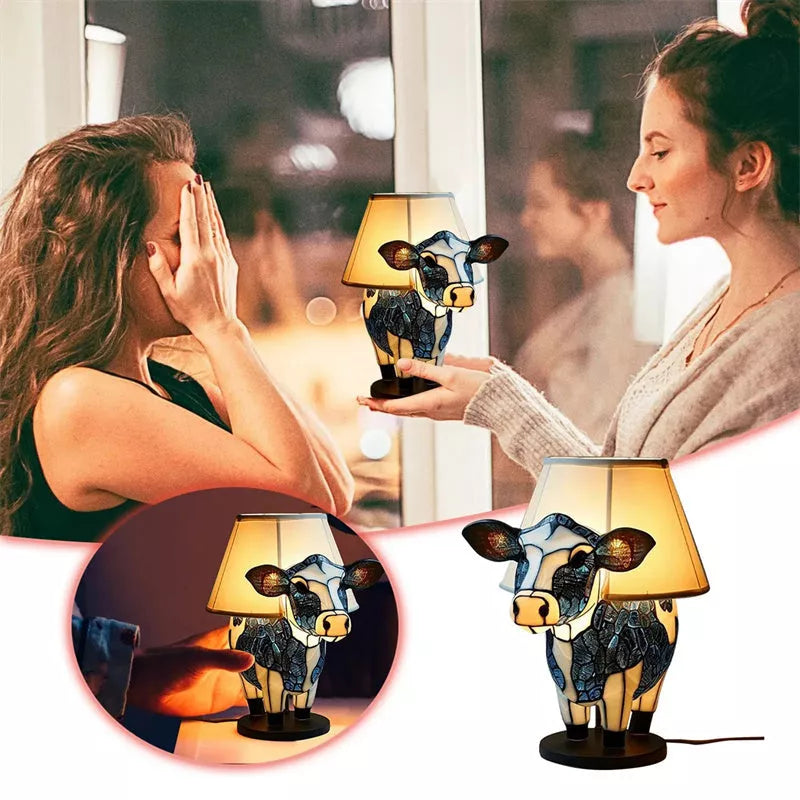 Vintage cow table lamp with USB power for cozy bedroom lighting