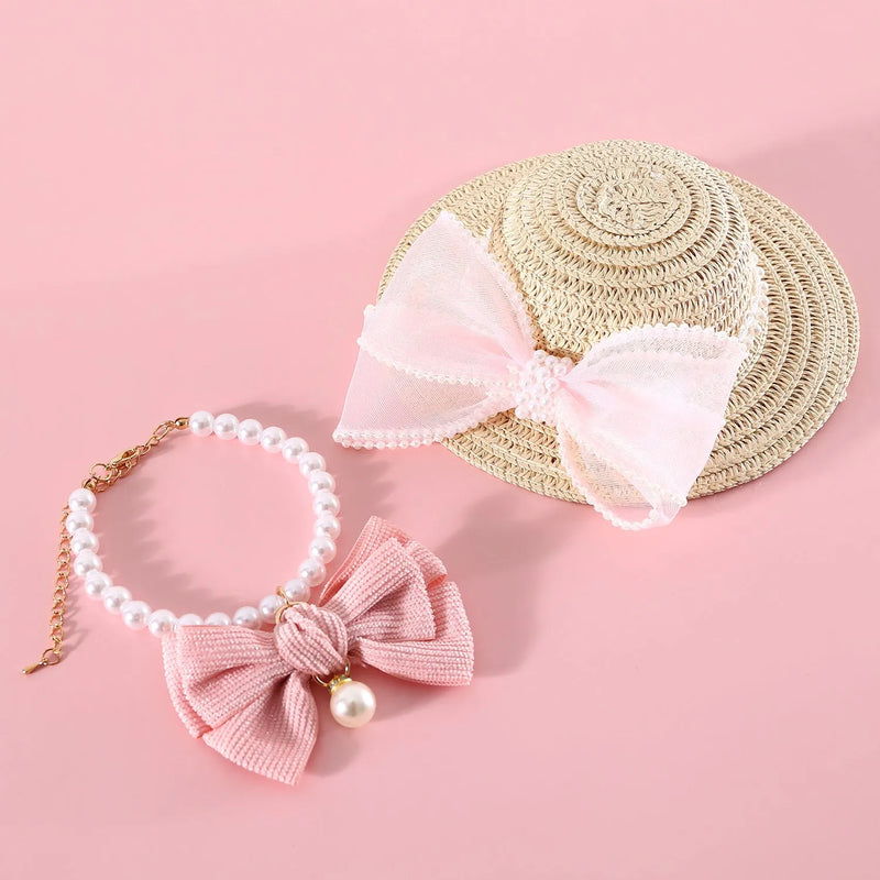 Cat lady straw hat woven with Lafite leaves, available in four pearl bow colours and two adjustable sizes (13cm and 15cm), designed for feline birthday party outfits or seasonal princess style costumes, a lightweight costume accessory for cats.