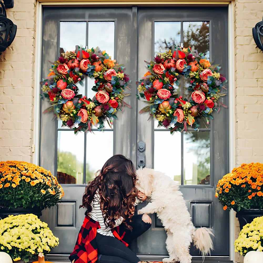 Plastic autumn peony Halloween wreath measuring 40x40cm with harvest-themed design