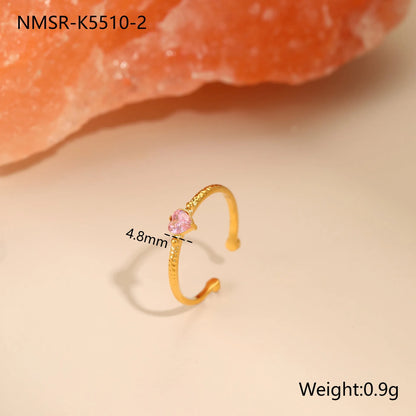 Open-ended stainless steel ring with geometric love heart shape and inlaid green zircon stone.
