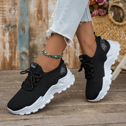 Women's Flyknit mesh casual sports shoes in multiple colours showing flat heel and lace-up design