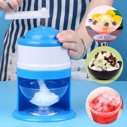 Portable manual ice crusher with stainless steel blade in blue and white
