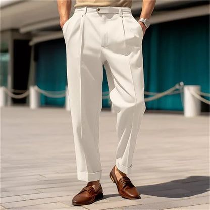 Men's straight fit casual trousers in white, black, and khaki with mid-waist button