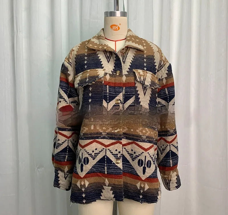 Retro style woolen coat with Aztec print in sapphire blue, loose fit, long sleeves for women