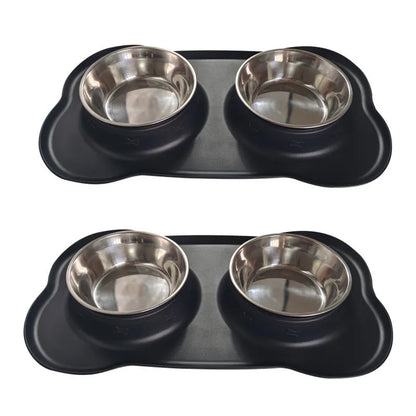 Large silver grey silicone dual compartment dog bowl with stainless steel base for separating food types
