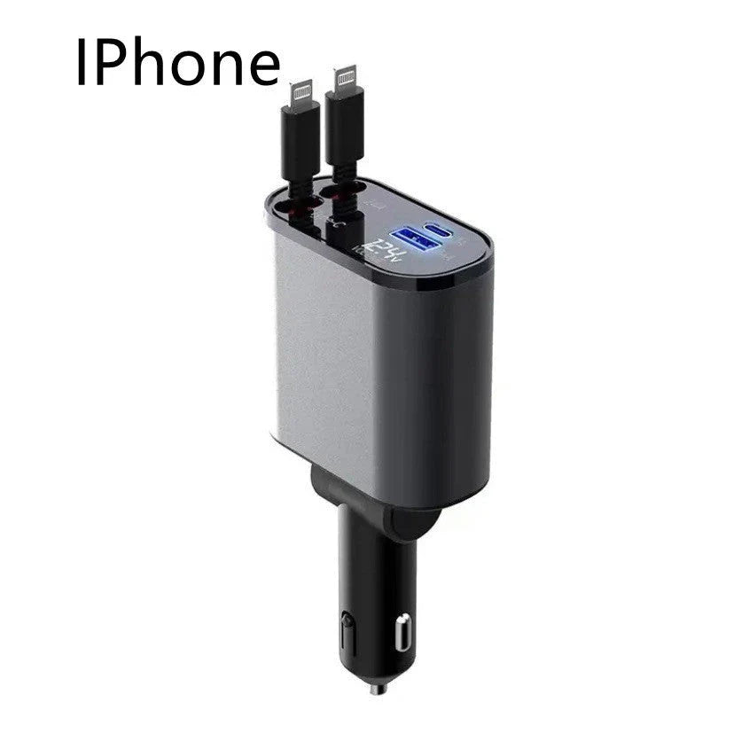 A sleek, metal 100W car charger with USB and Type-C ports for fast charging on the go