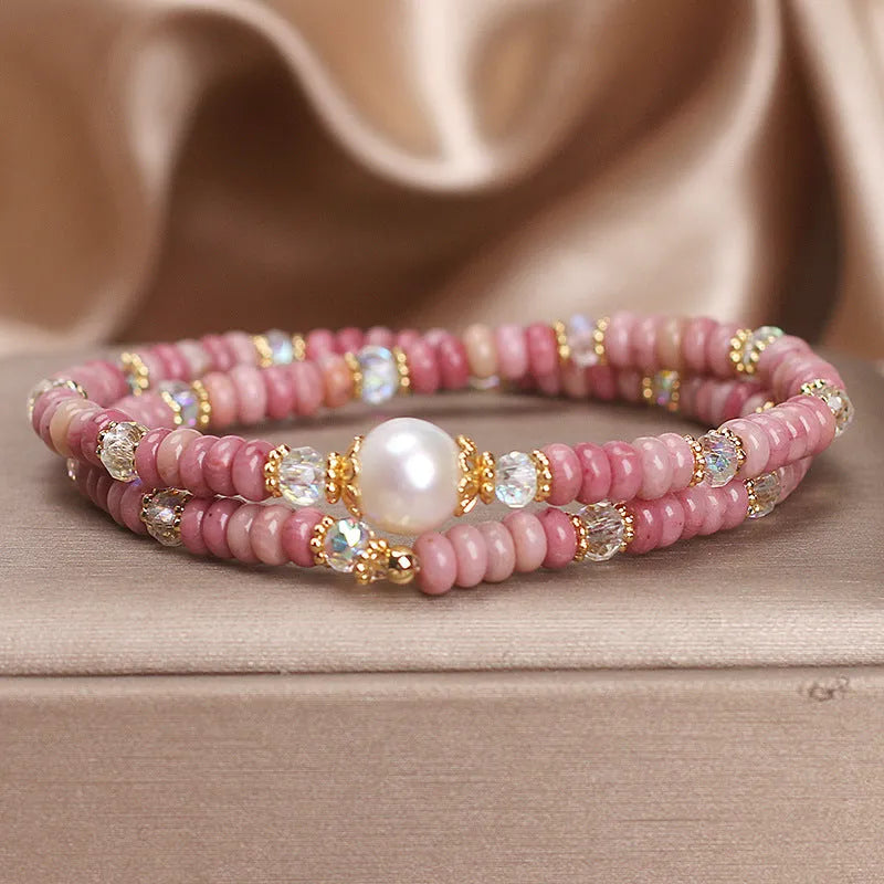 Natural colour hair crystal bracelet with red rhodochrosite double circle, pearl and chalcedony lotus seedpod pendant for women